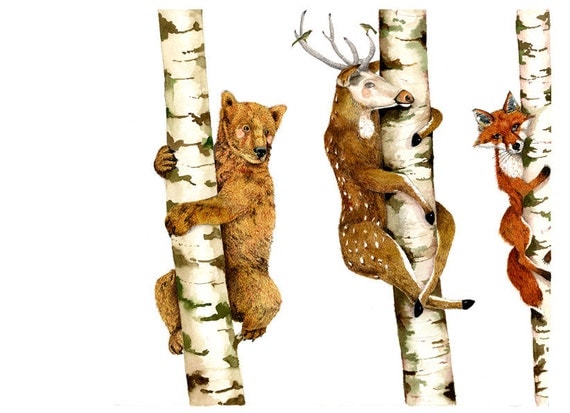 Bear, Deer, Fox, Trees illustration Print 11.7x16.5