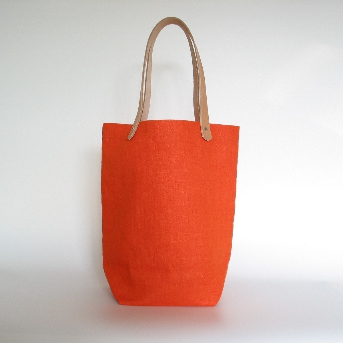 Organic Linen Canvas Tote - Tangerine Orange - Natural Leather Straps