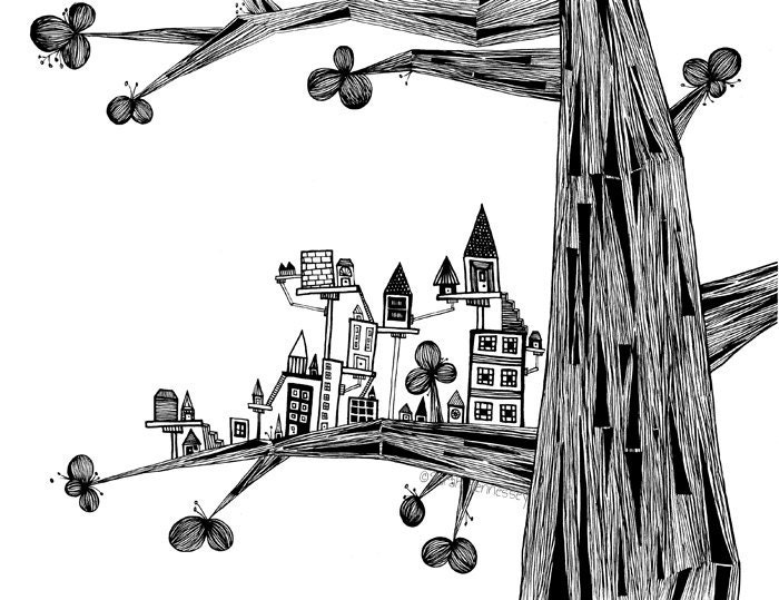 Black and White Ink Pen Drawing - The Tree With a Tiny City 8x10 FINE ART PRINT Perfect Whimsical Art for Nursery