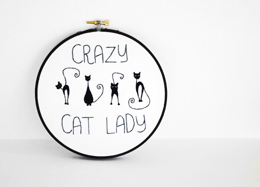 Crazy Cat Lady with Four Black Cats with Swirly Tails, 6 inch Embroidery Hoop Fiber Art