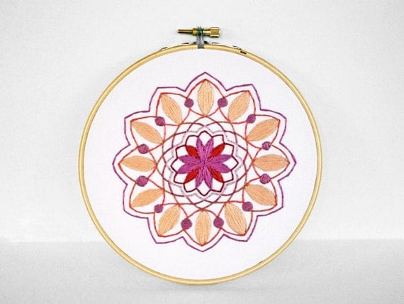 Embroidered Mandala in Peach, Orange, Pink and Tangerine - 6 Inch Embroidery Hoop