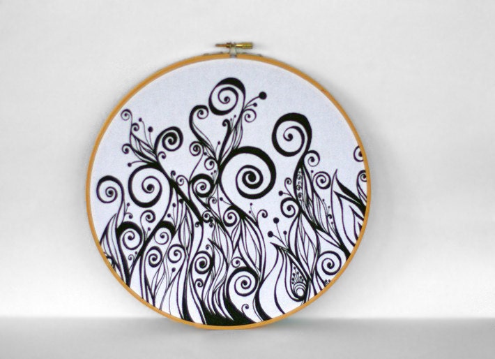 Swirl Movement - OOAK Original Black and White Fiber Art 10 inch Embroidery Hoop - Drawing on Fabric