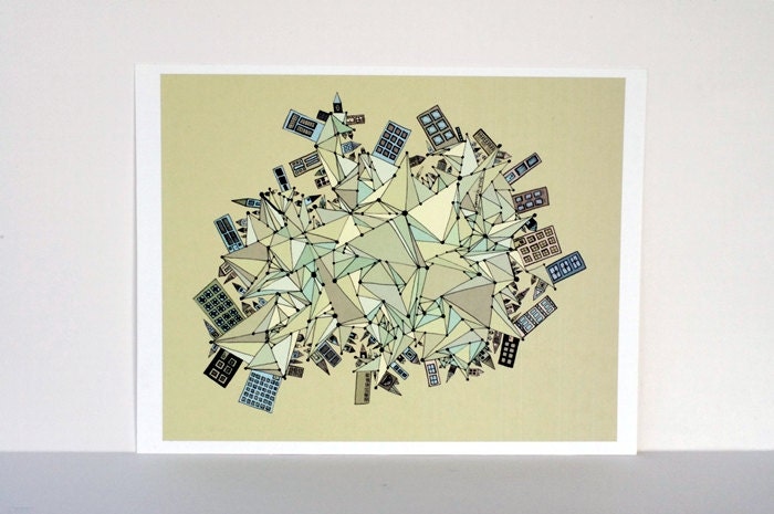 City on the Edge of a Triangle World in Pea Green, Peridot, Pale Teal, Moss and Seafoam Green 8x10 Print