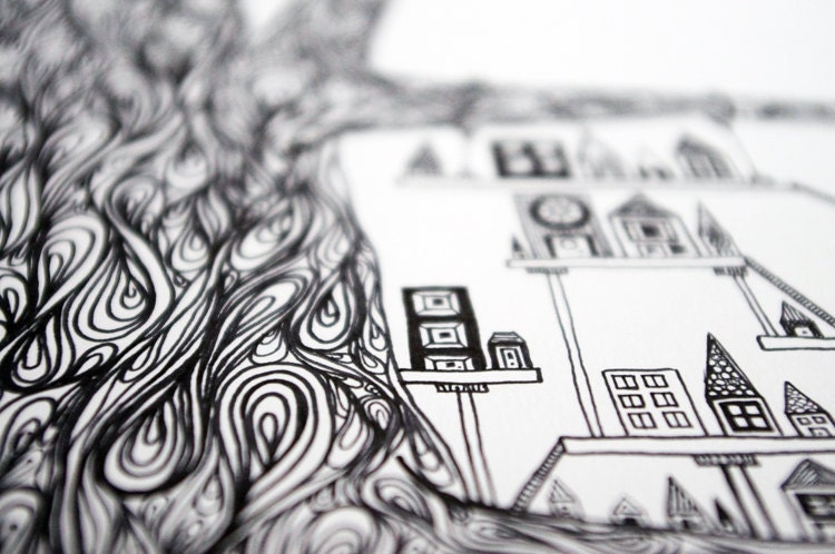 Black White Art Print: "Treehouse City" - Ink Pen Drawing of a Swirly Tree With a Small City 8x10 Whimsical Print