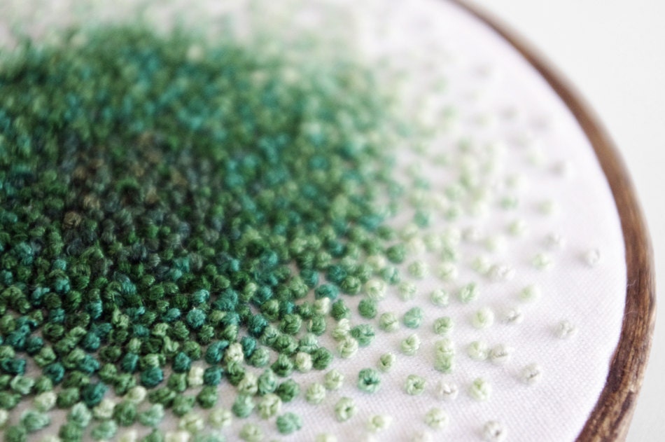 Ombre French Knots Color Progression Embroidery Hoop, A Color Study in Green - 4 inch Hoop Fiber Wall Art