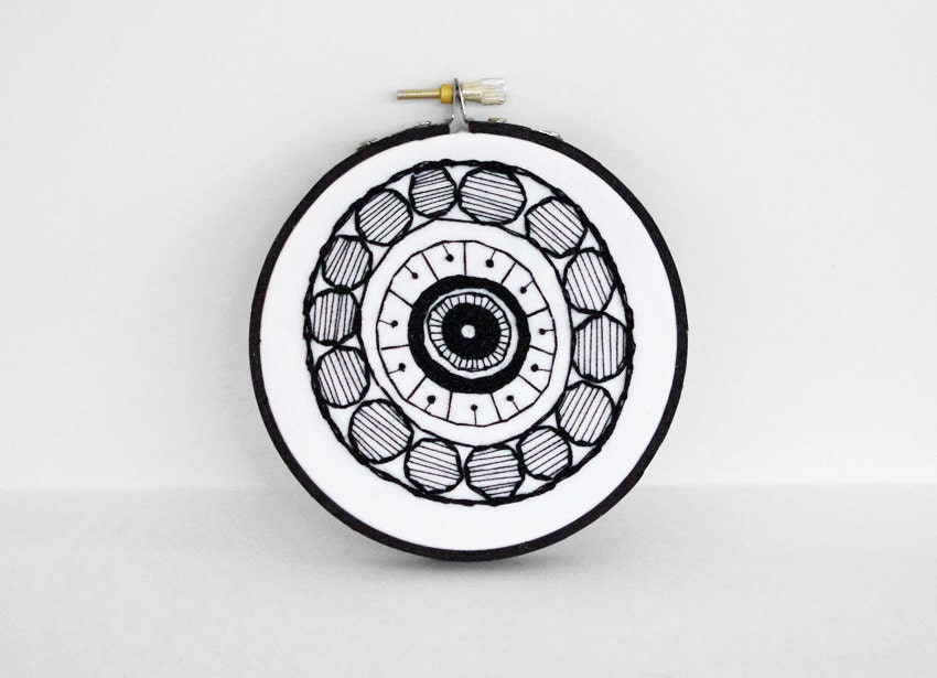 50% Off Sale - CLEARANCE SALE - Abstract Black and White Geometric Embroidered Design, 4 inch B&W Embroidery Hoop Art