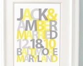 Yellow Gray - Personalized Wedding Gift LOVE- Your wedding date in Yellow and Gray  Custom Colors