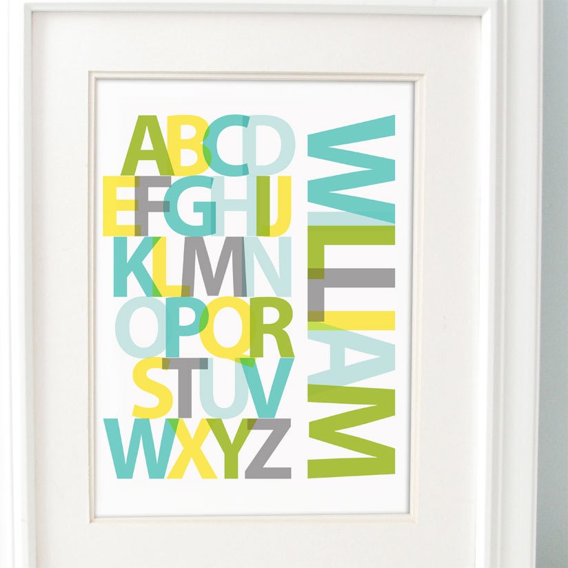 Modern Alphabet Print 8 x 10 Custom Colors and Personalized Text, yellow, gray, turquoise blue, lime