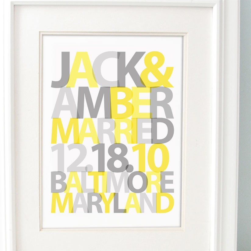 Yellow Gray - Personalized Wedding Gift LOVE- Your wedding date in Yellow and Gray  Custom Colors