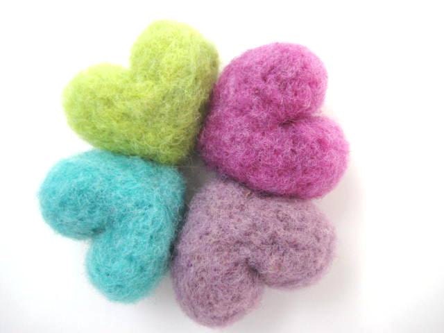 Heart Needle Felted Magnets - Set of Four - 100% Natural Wool - Rustic - Natural