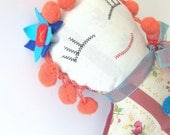 Girl Soft Doll Red Salmon and Bege in Chita Fabric, 11.5" high