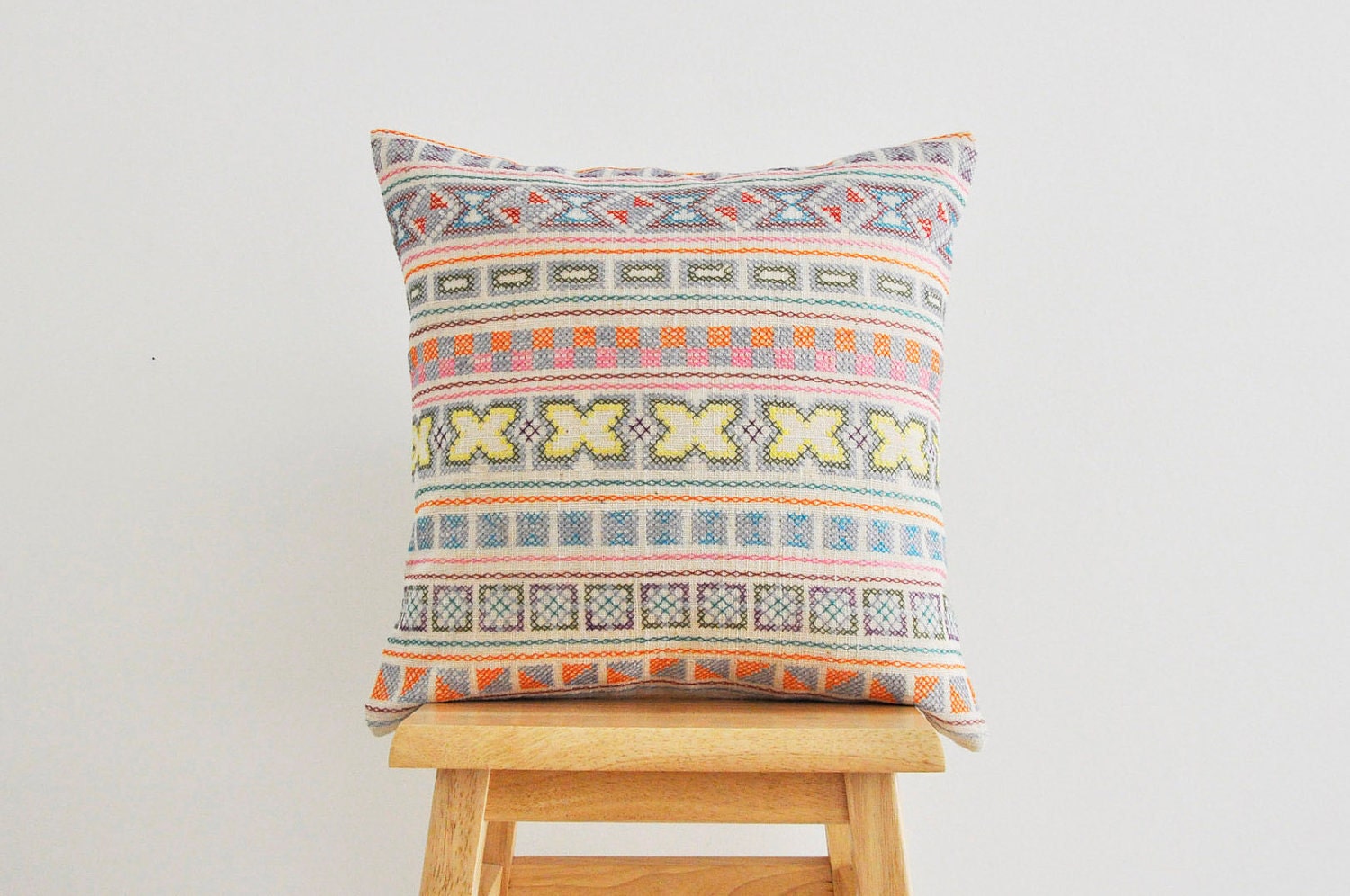 Pastels / cream Chiang Mai hand- stitched tribal cotton pillow cover