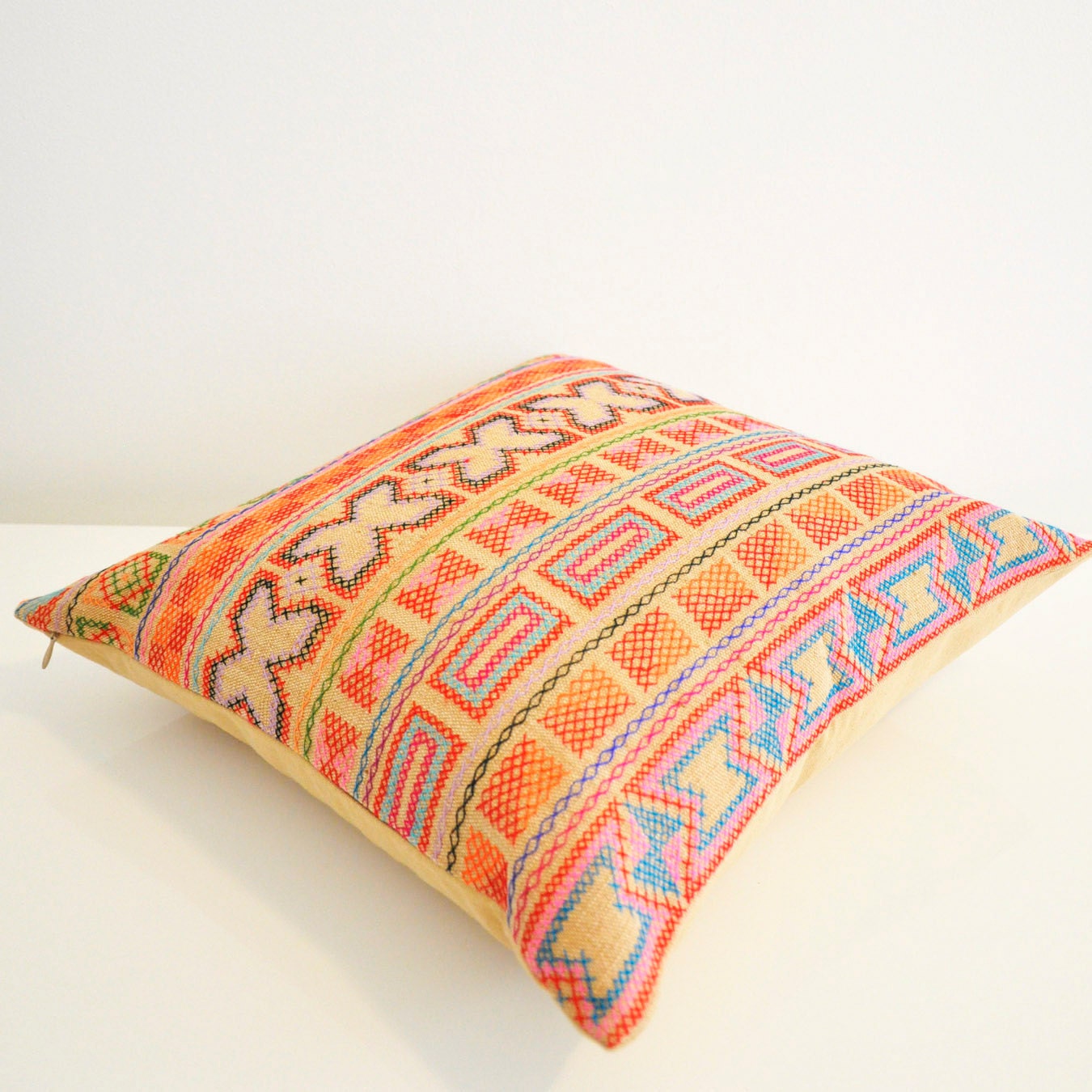 Hand- stitched geometric details tribal cotton pillow cover in beige