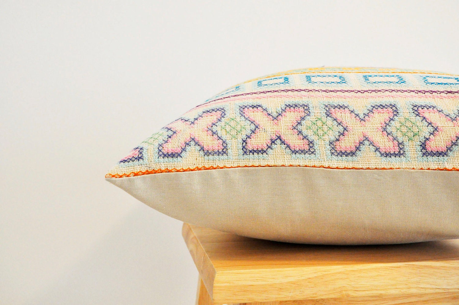 Pastels / cream Chiang Mai hand- stitched tribal cotton pillow cover