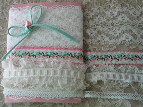 VINTAGE LACE, WHITE, Wide, 7 Yards, Pink And Aqua Trim, Embellishments, Shabby Chic.