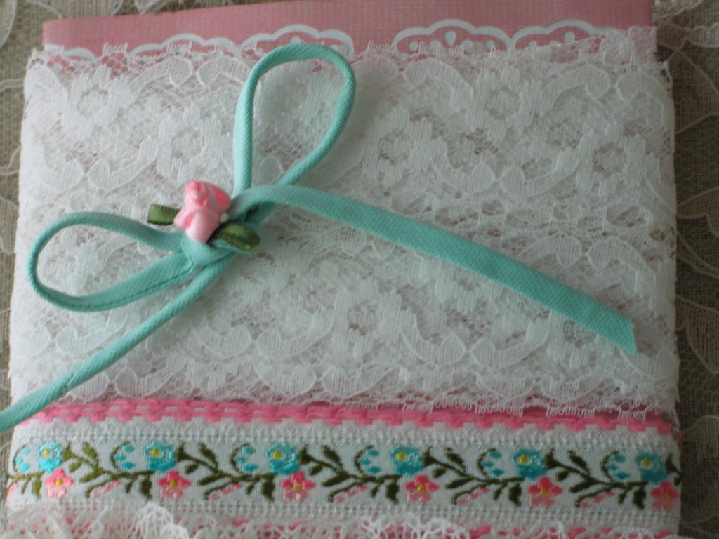 VINTAGE LACE, WHITE, Wide, 7 Yards, Pink And Aqua Trim, Embellishments, Shabby Chic.