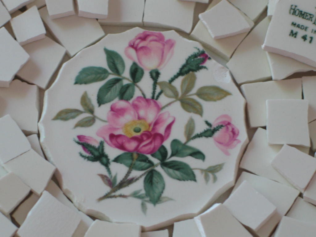 CHINA MOSIAC TILES, 100 Ivory,  Antique China, Hand Cut Tiles, Shabby Rose Focal, Gorgeous.