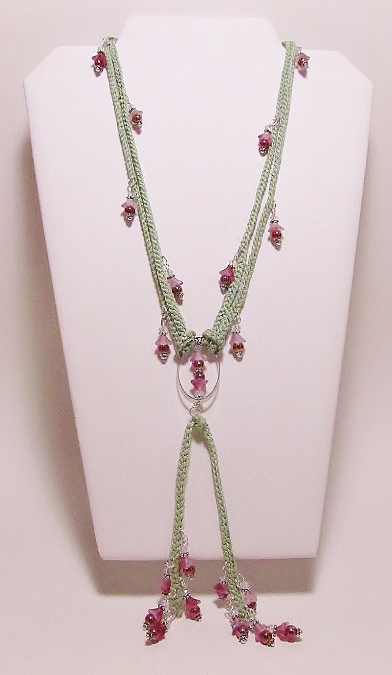 Statement Necklace, Crochet Necklace, Glass Flower Charm Necklace