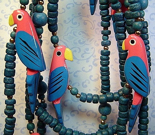 RESERVED FOR Owleyesirving - Vintage Tropical Blue and Pink Parrots Wood Necklace