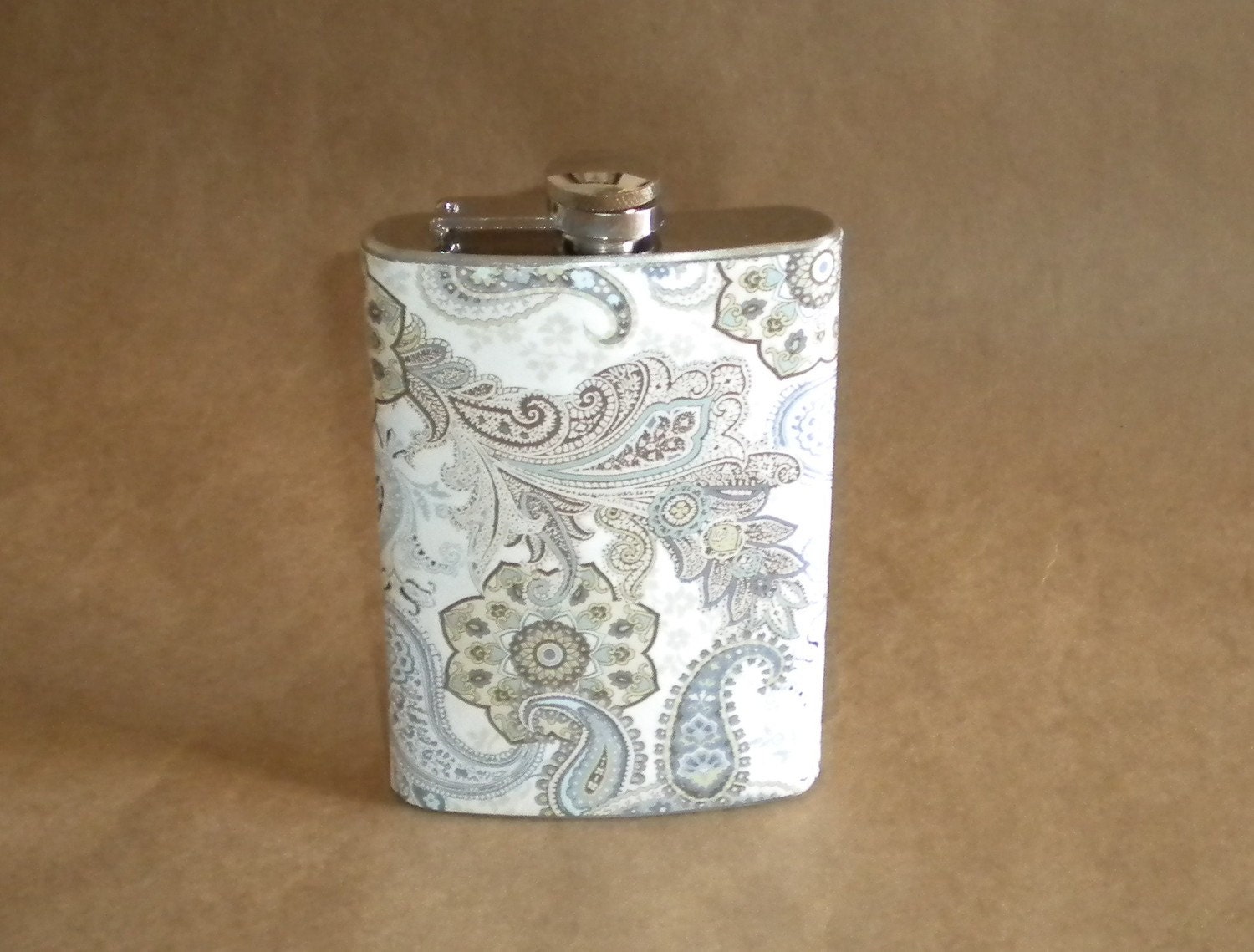 Bridesmaids Gift Flask of Blue, Brown and Cream Paisley Print 8 ounce Stainless Steel Hip Flask