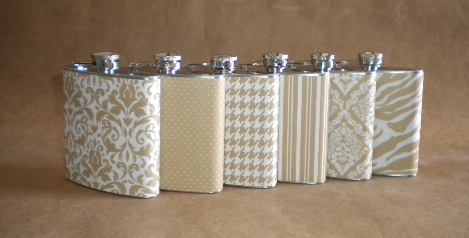 Taupe and White Collection 6 Ounce Stainless Steel Bridal Party  Girl Gift Hip Flasks