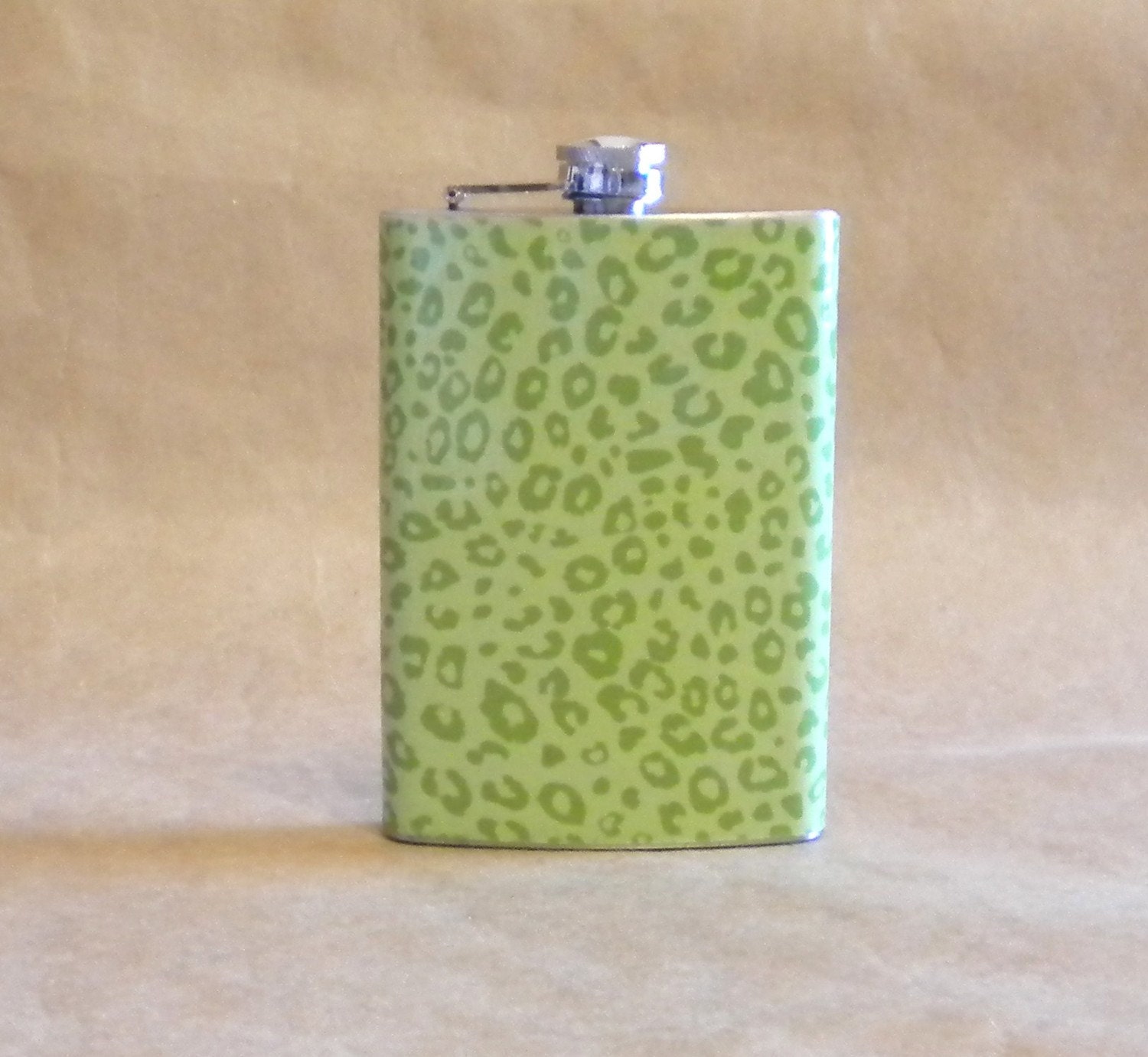 Green Leopard Print Stainless Steel Girl Gift Flask 8 Ounces