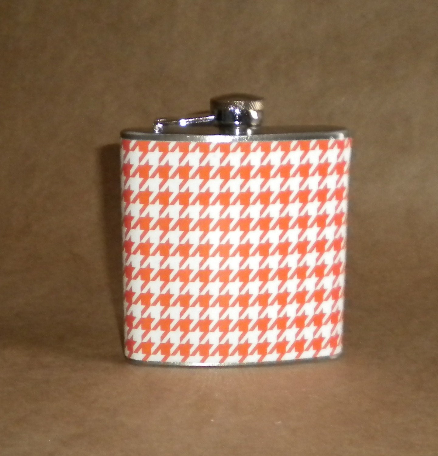 Orange and White Houndstooth Print 6 ounce Stainless Steel Girl Gift Flask