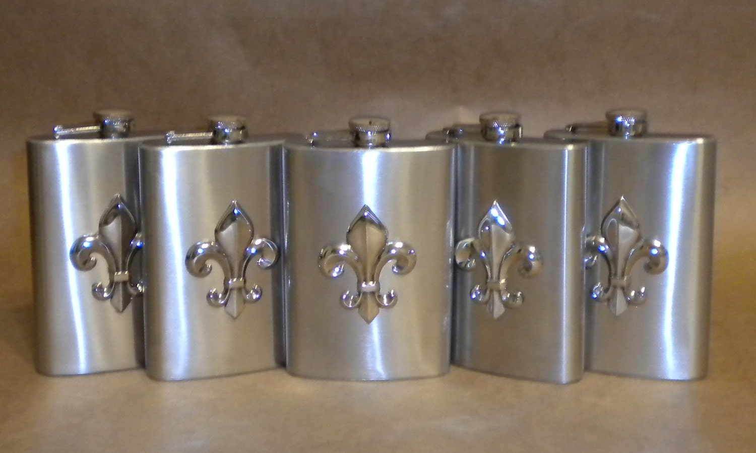 Groomsmens Gifts 5 Silver Fleur de Lis 8 ounce Stainless Steel Flasks