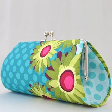 Daisies in Teal..Large Clutch Purse