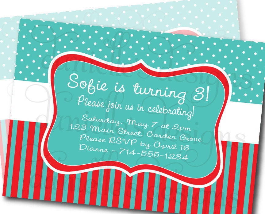 Cute Printable Customized Birthday Invitation - Red & Aqua Stripes and Polka Dots
