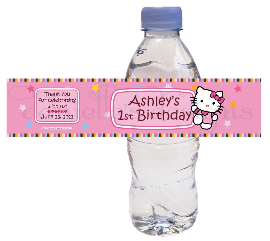 Personalized Hello Kitty Birthday Water Bottle Labels - 36 Labels