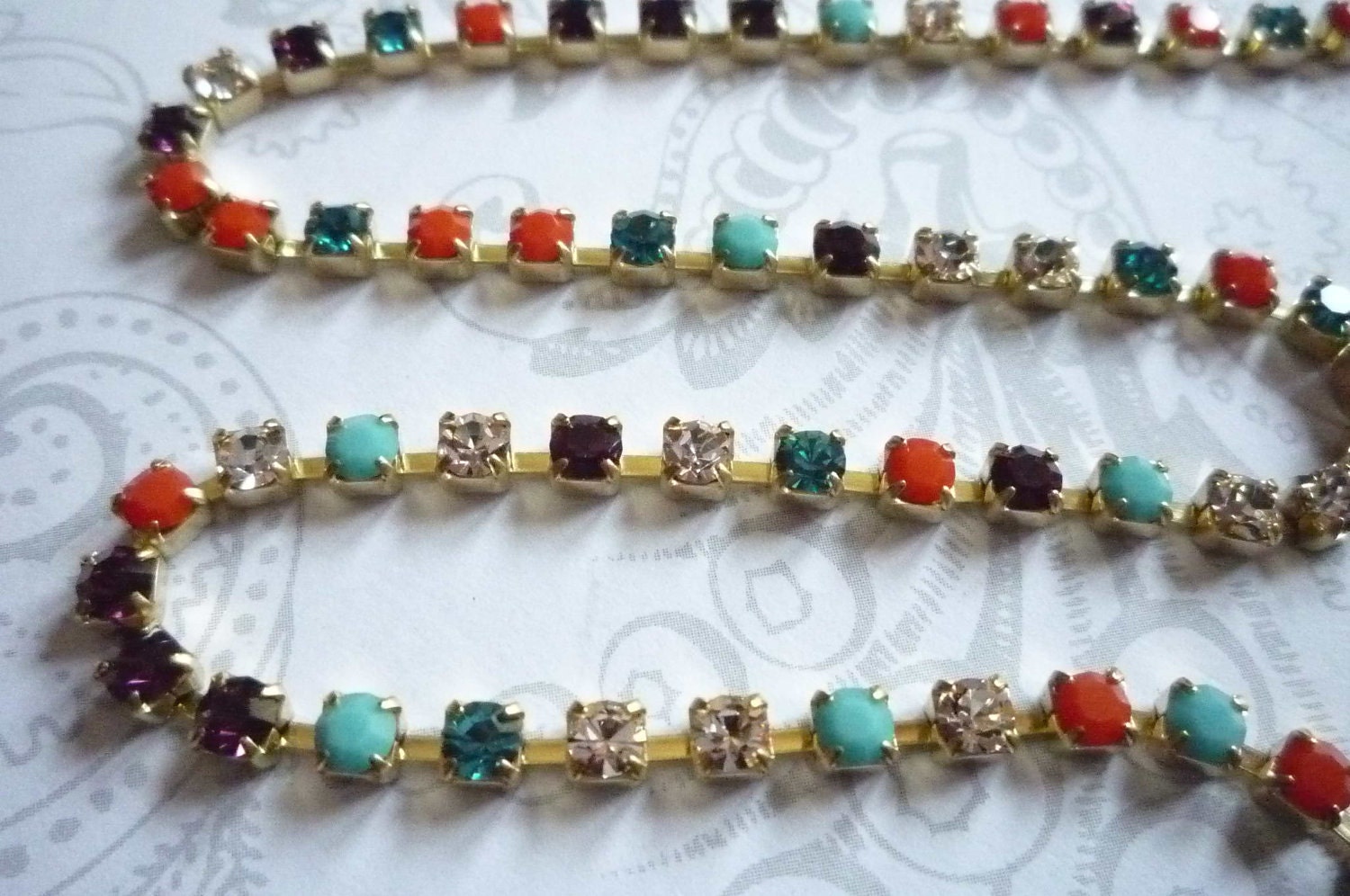 Beautiful Multi-Color Czech Crystal 3mm Rhinestone Chain in Brass Setting Qty 1 yard