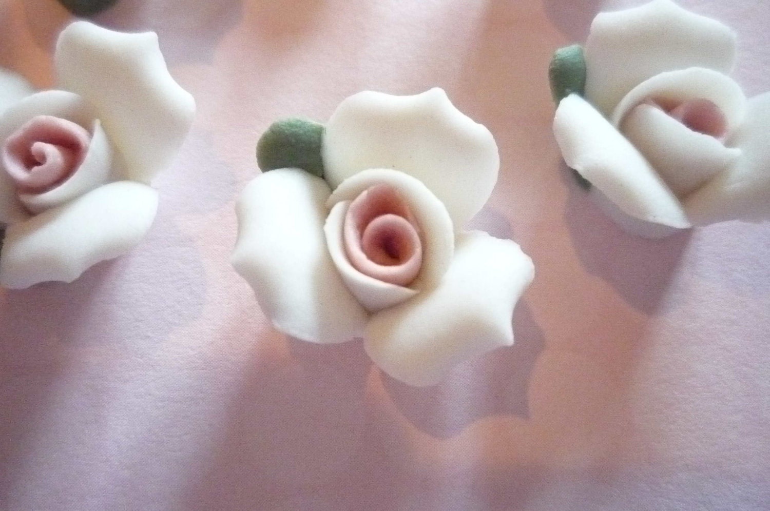 White Ceramic Rose Flower Flat Back 17mm Cabochons with Pink Center Qty 6