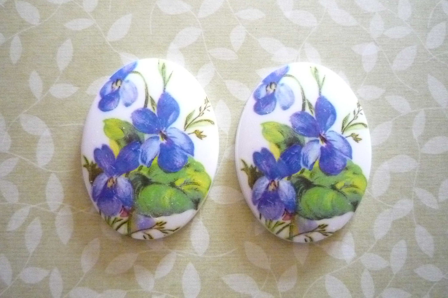 German Oval Decal Porcelain Painting 40 X 30mm Cabochons with Purple Violets on White Base Qty 1