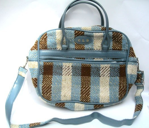Vintage Plaid, Tweed Carry on Bag  Brown, Cream and Blue Tweed