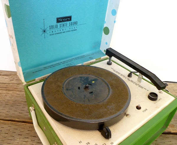 1960s Portable Record Player Turn Table- Retro Polka Dot- Blue and Green
