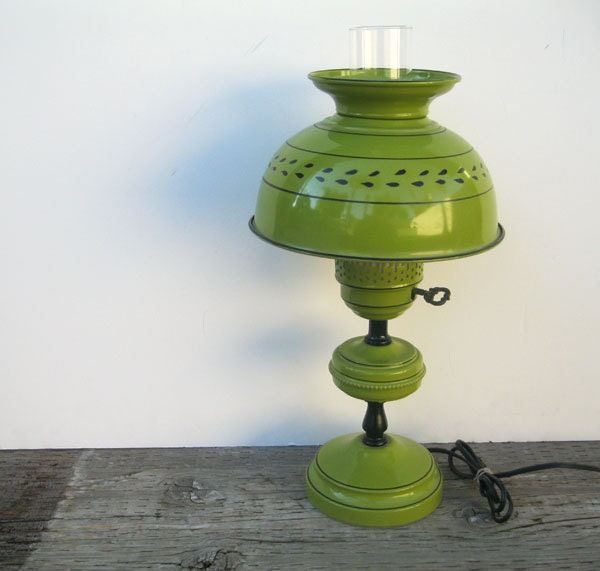 1960s Retro Toleware Hurricane Lamp- Olive Green