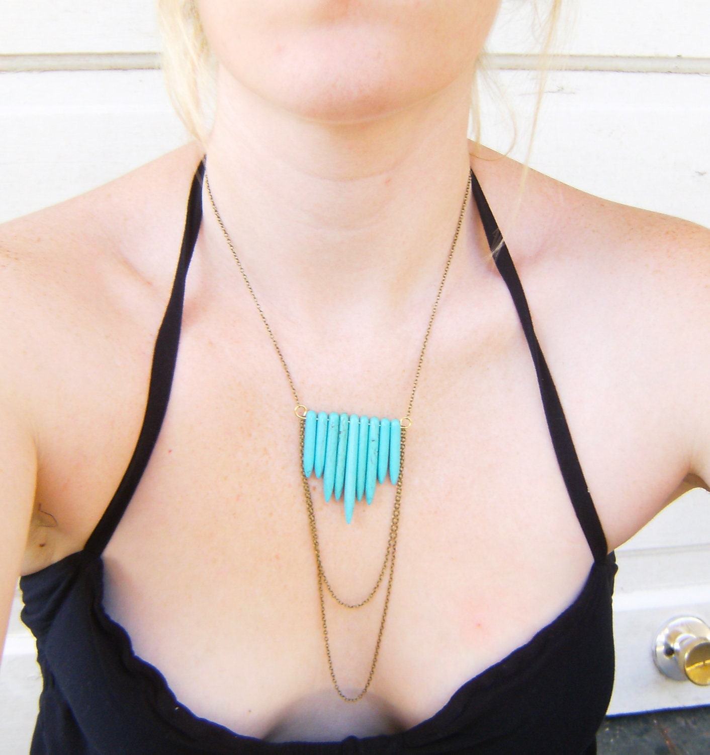 Turquoise Spears Long Brass Chain Necklace