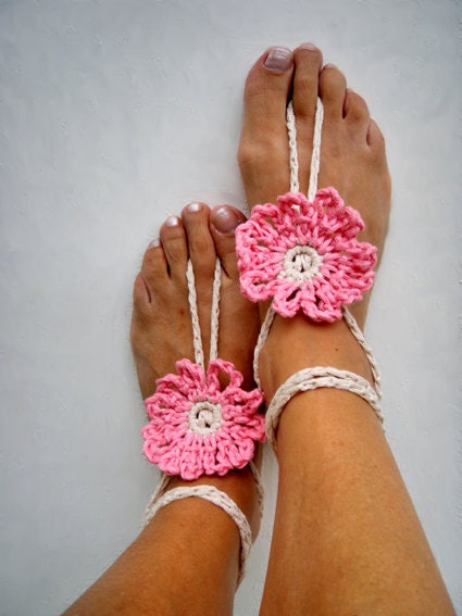 Anklet Jewelry Body Foot Hippy Chic Pink Cream Barefoot Sandals Fiber Crochet Nude shoes Yoga Bohemian Summer fashion