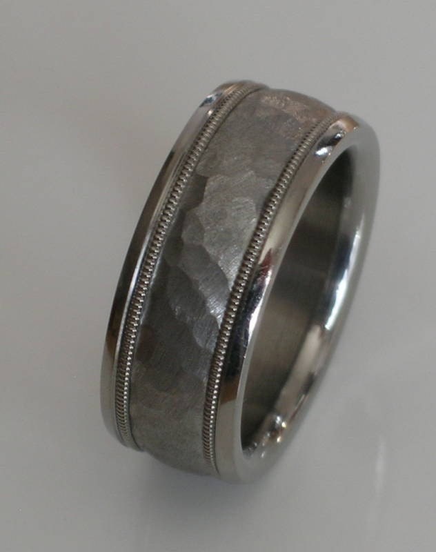 Custom Made Tungsten and Titanium Comfort Fit Wedding Band Hammered Titanium Inlay with Tungsten Milgrain Design Available sizes 4-18