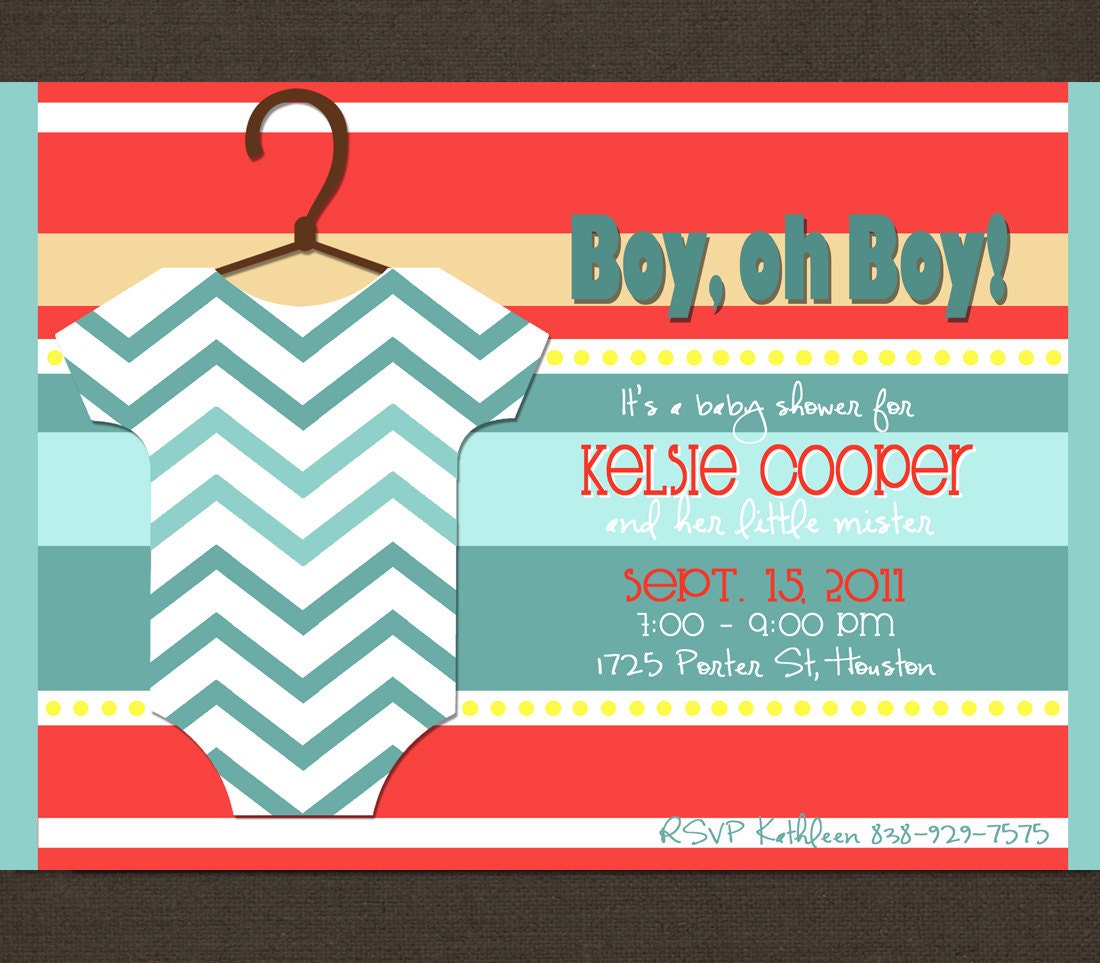 Baby Boy Shower Invitation, Printable DIY, Baby Boy Announcement or Thank You Card  - Chevron Zig Zag Onesie Invite