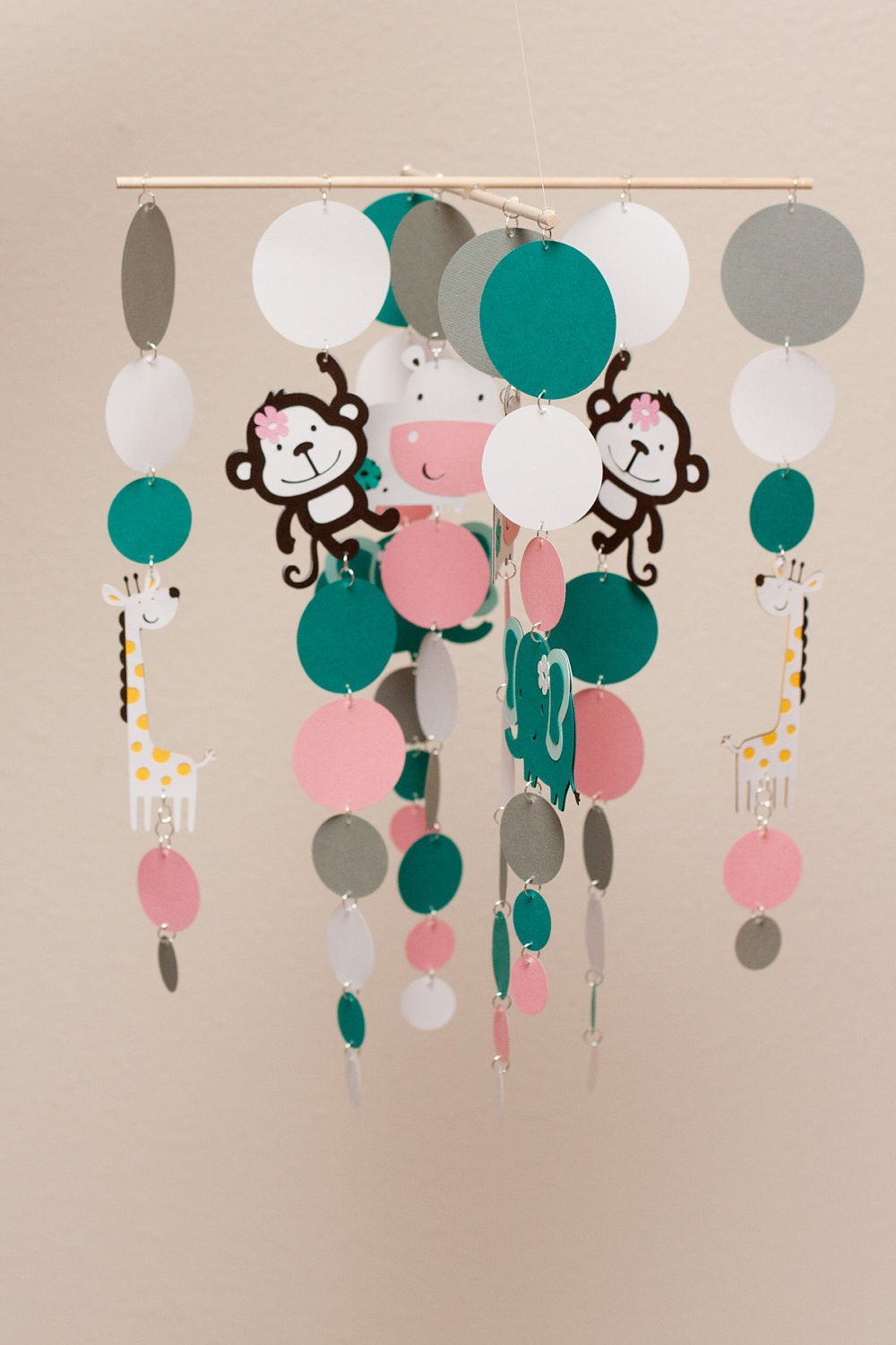 MOBILE KIT   Zoo Animals Baby Mobile - Monkey, Hippo, Elephant, Giraffe (girl)