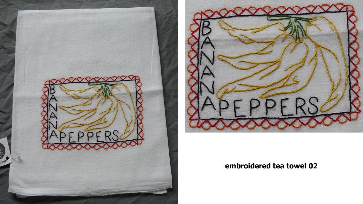 Hand Embroidered Tea Towel Flour Sack Cotton - Fiesta Jalepeno Pepper Chili Spice Chilies Mexican Vintage Retro Kitchen