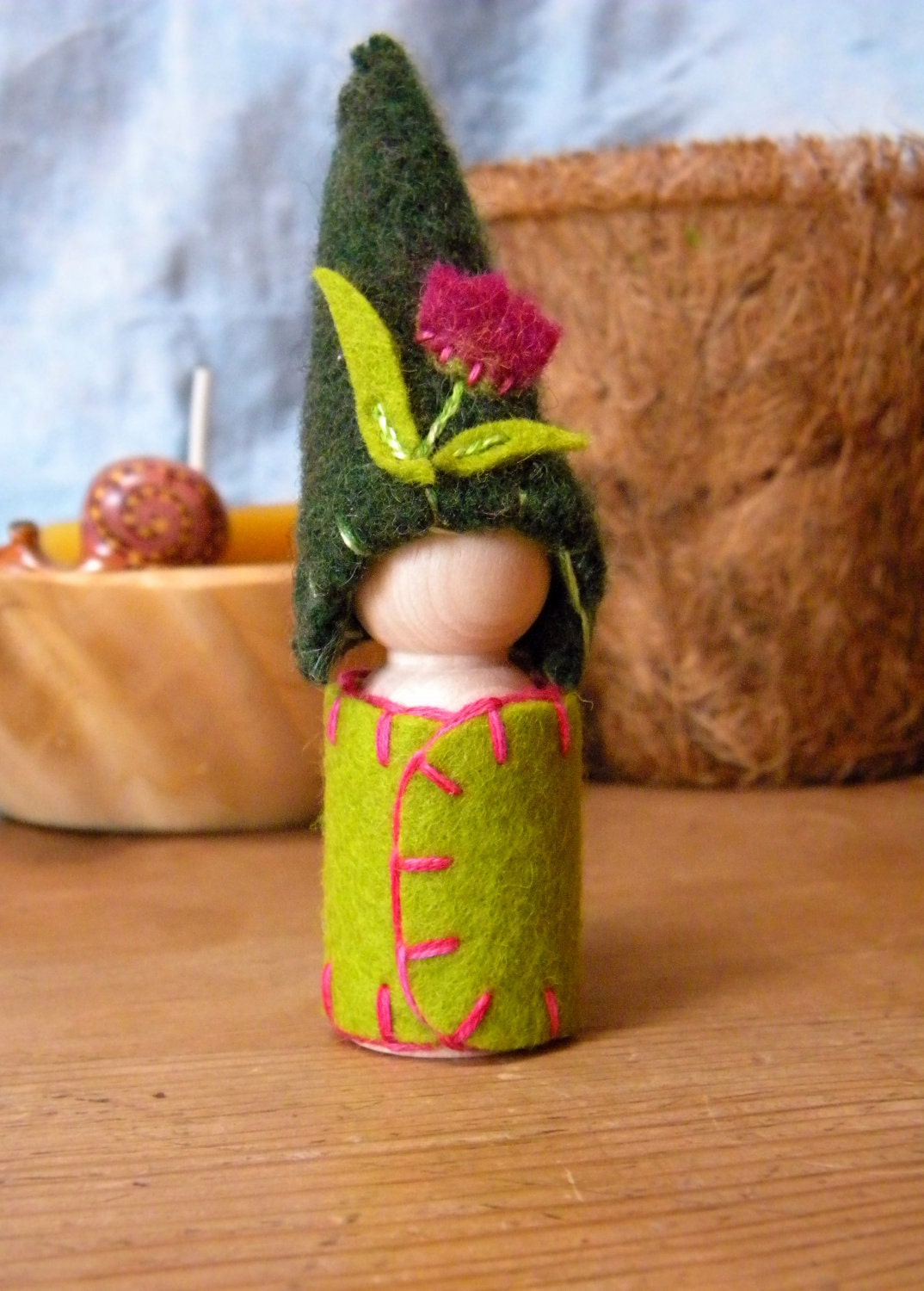 Waldorf Gnome, Waldorf Peg Doll, Tulip Doll, flower, Upcycled, Wool Felt, Waldorf Natural Toy