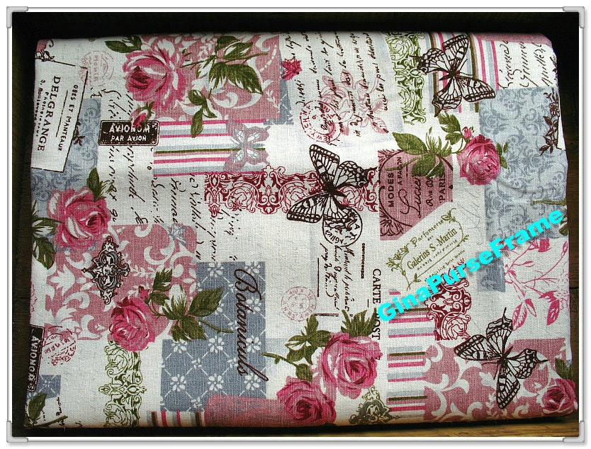 1yard--Linen Cotton Blended Fabric - Rose and butterfly