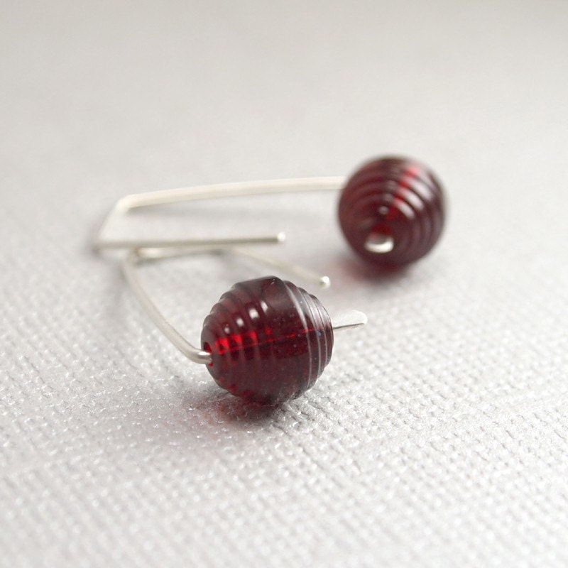 Minimalist Sterling Silver Earrings with Vintage Cranberry Red Swarovski Crystal Bead - style DeVox