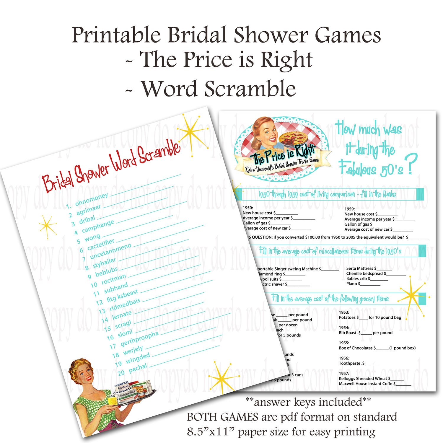 Printable Retro Housewife themed Bridal Shower Games - Word Scramble and Price Is Right