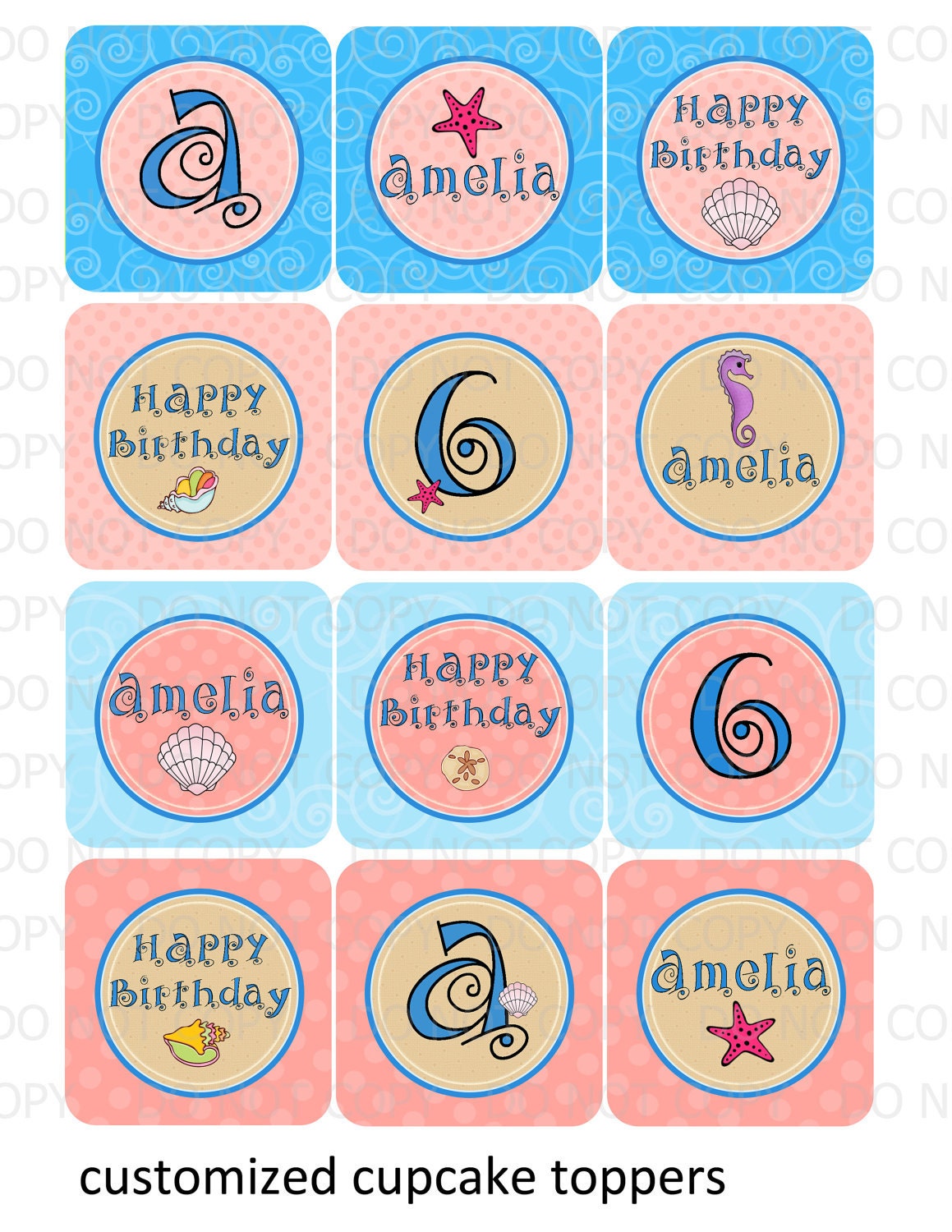 Printable DIY Personalized Mermaid Under The Sea Theme Cupcake Toppers