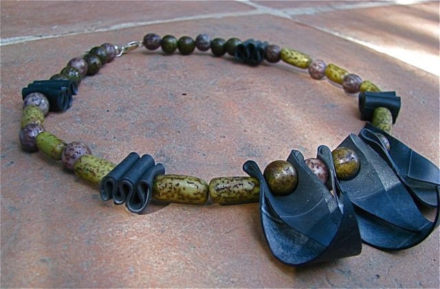 Birds of a Feather Seed Bead and Black Licorice Repurposed Rubber Necklace