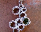 Handmade Metal Clay Fine Silver Bubble Charm Necklace with Peridot Cubic Zirconium Stone Strung On A Sterling Silver Ball Chain